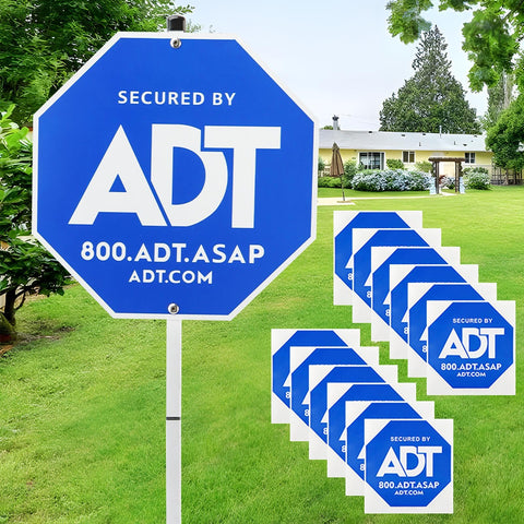 XuYelora A-D-T security sign outdoors in blue with high visibility for day and night