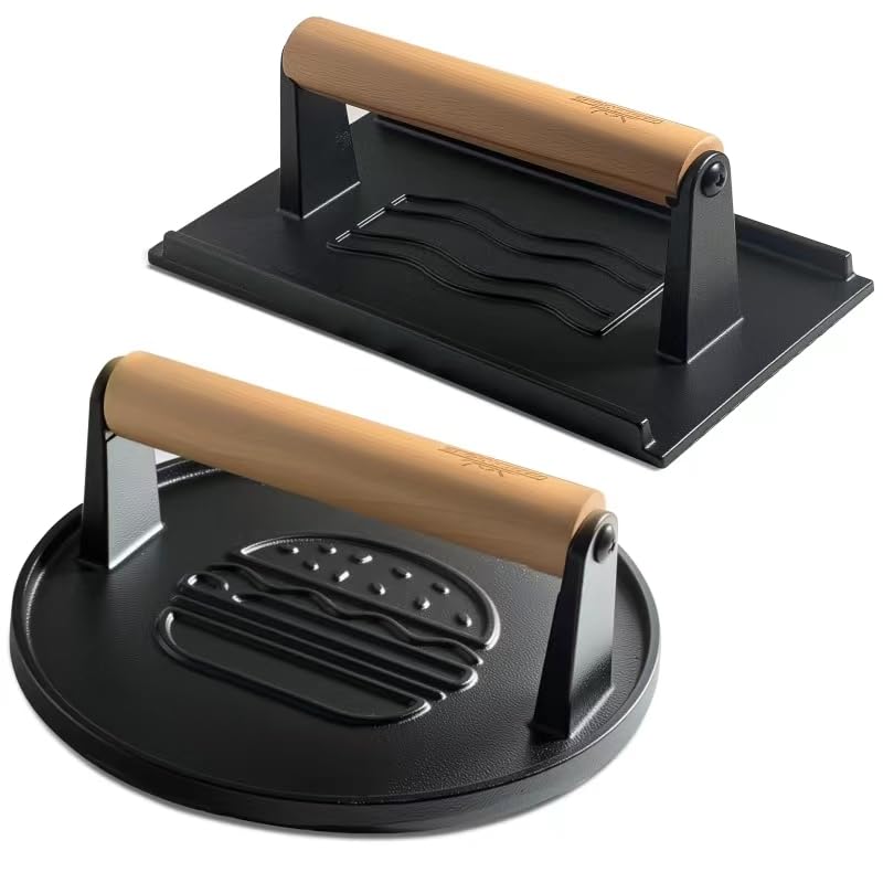 XUDAKAIXIN bacon press with heavy-duty cast iron construction for durable searing.