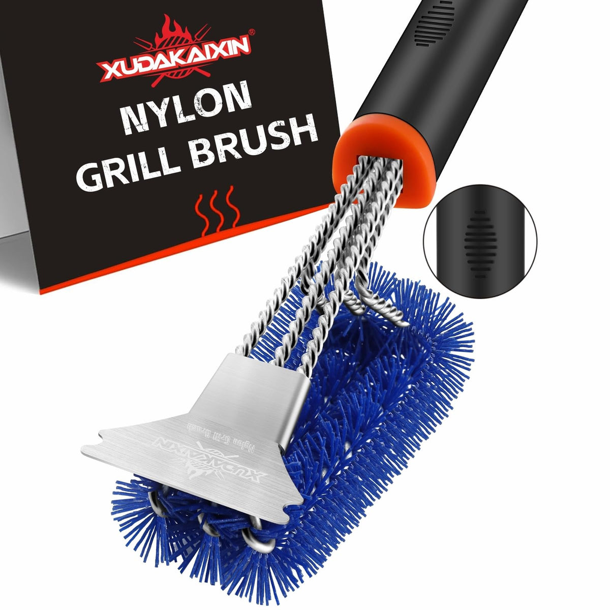 XUDAKAIXIN grill brush with nylon bristles in action protecting grates during cleaning.