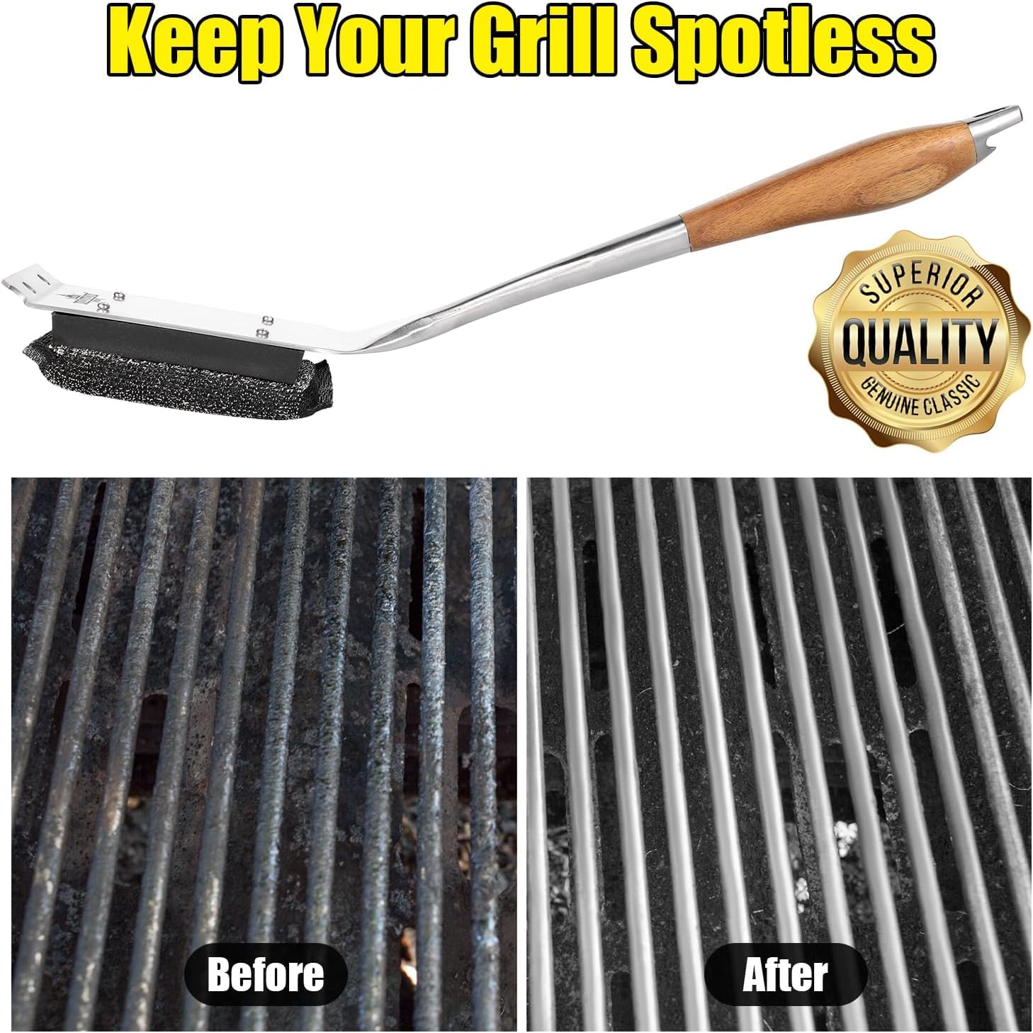 XUDAKAIXIN long, sturdy grill brush handle keeps hands away from heat.
