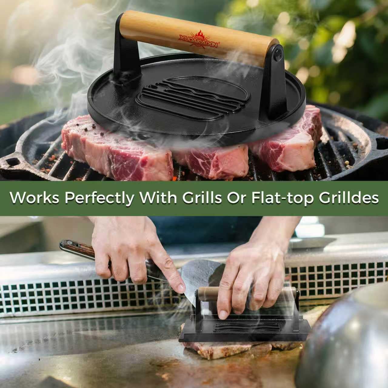 XUDAKAIXIN round and rectangle grooves aid even pressing for consistent searing.