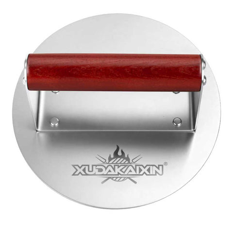 XUDAKAIXIN 6.3-inch burger press top view, even sear and grease drainage benefits