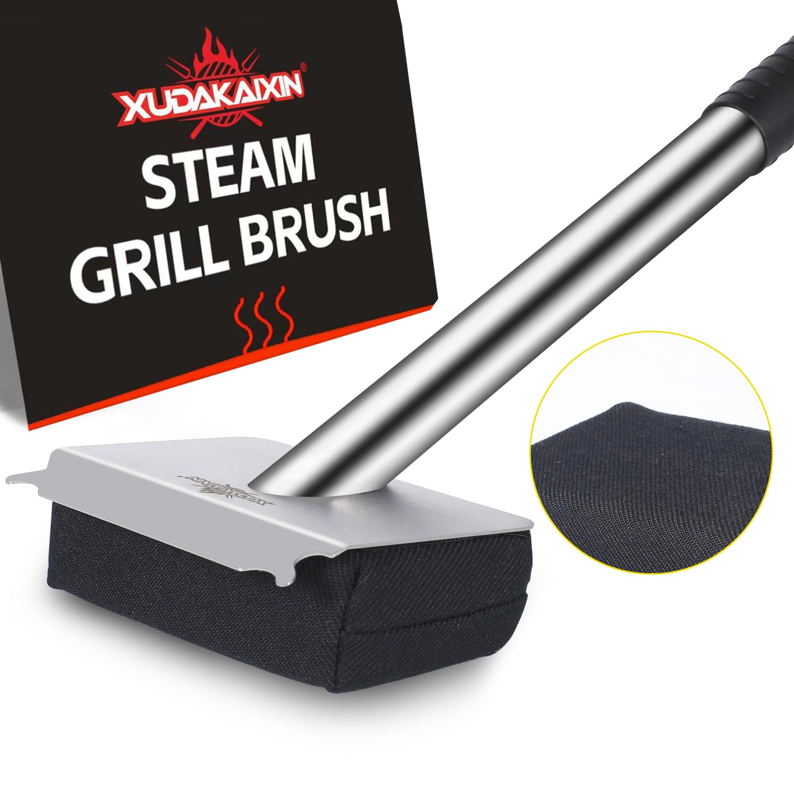 XUDAKAIXIN steam grill brush shows steam action for safe residue removal.