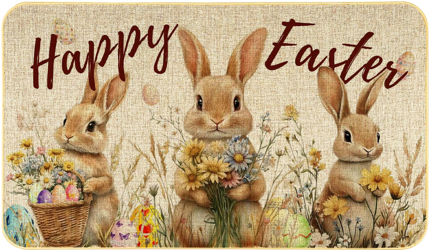 Xumuyin Easter Doormat Rabbit Welcome—festive red-green design ideal for indoor outdoor entryways.
