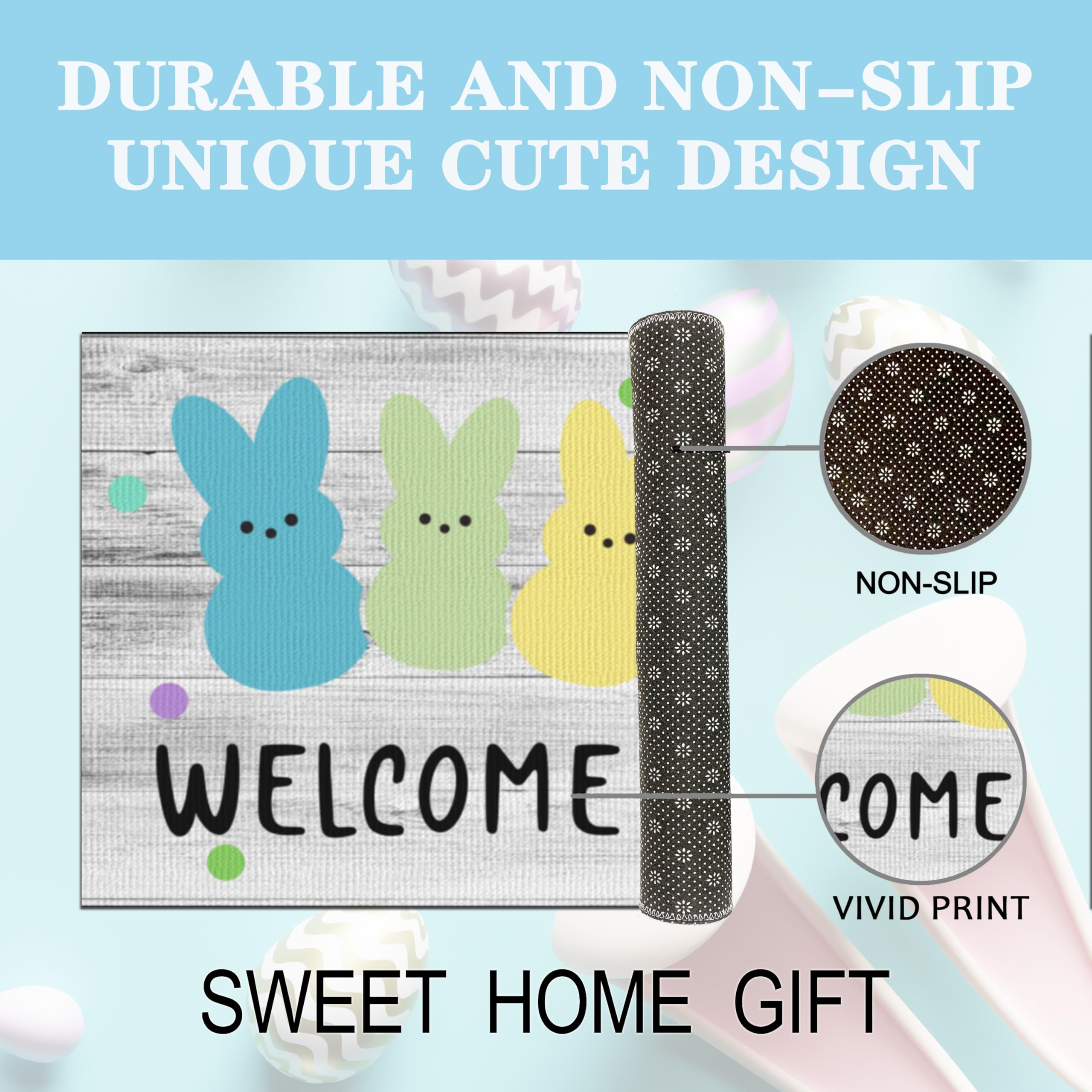 Xumuyin polyester Easter mat highlights dirt-scraping surface for tidy floors.