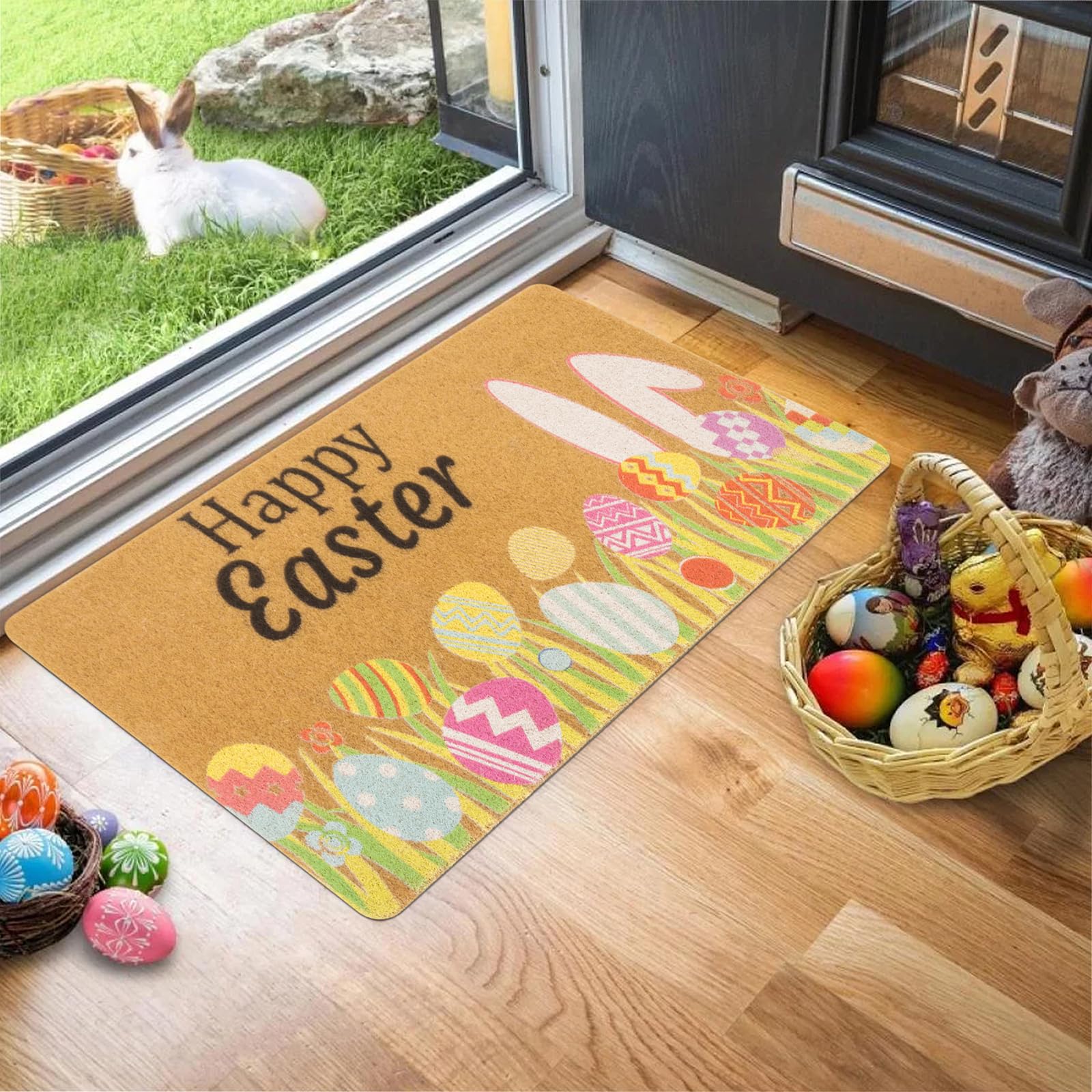 XuoAz Easter doormat features a welcome letter motif for entry appeal.