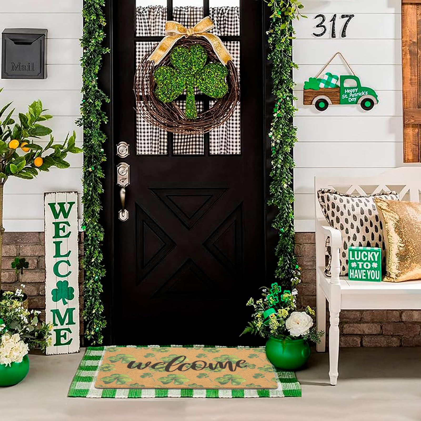 Xuoz green shamrock welcome mat on porch provides seasonal charm and grip