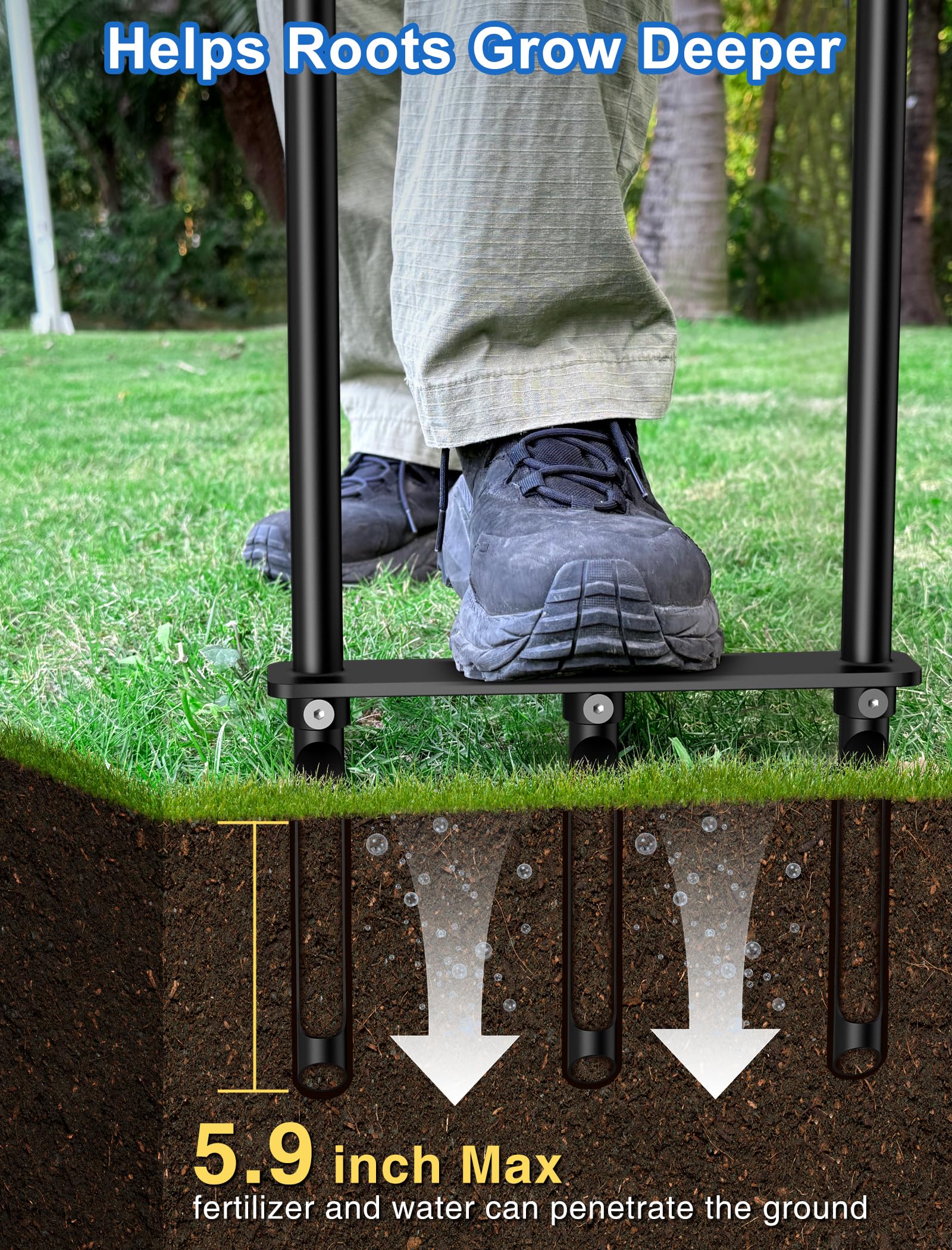 Xuperace ergonomic lawn aerator footplate reduces effort for easier aeration.