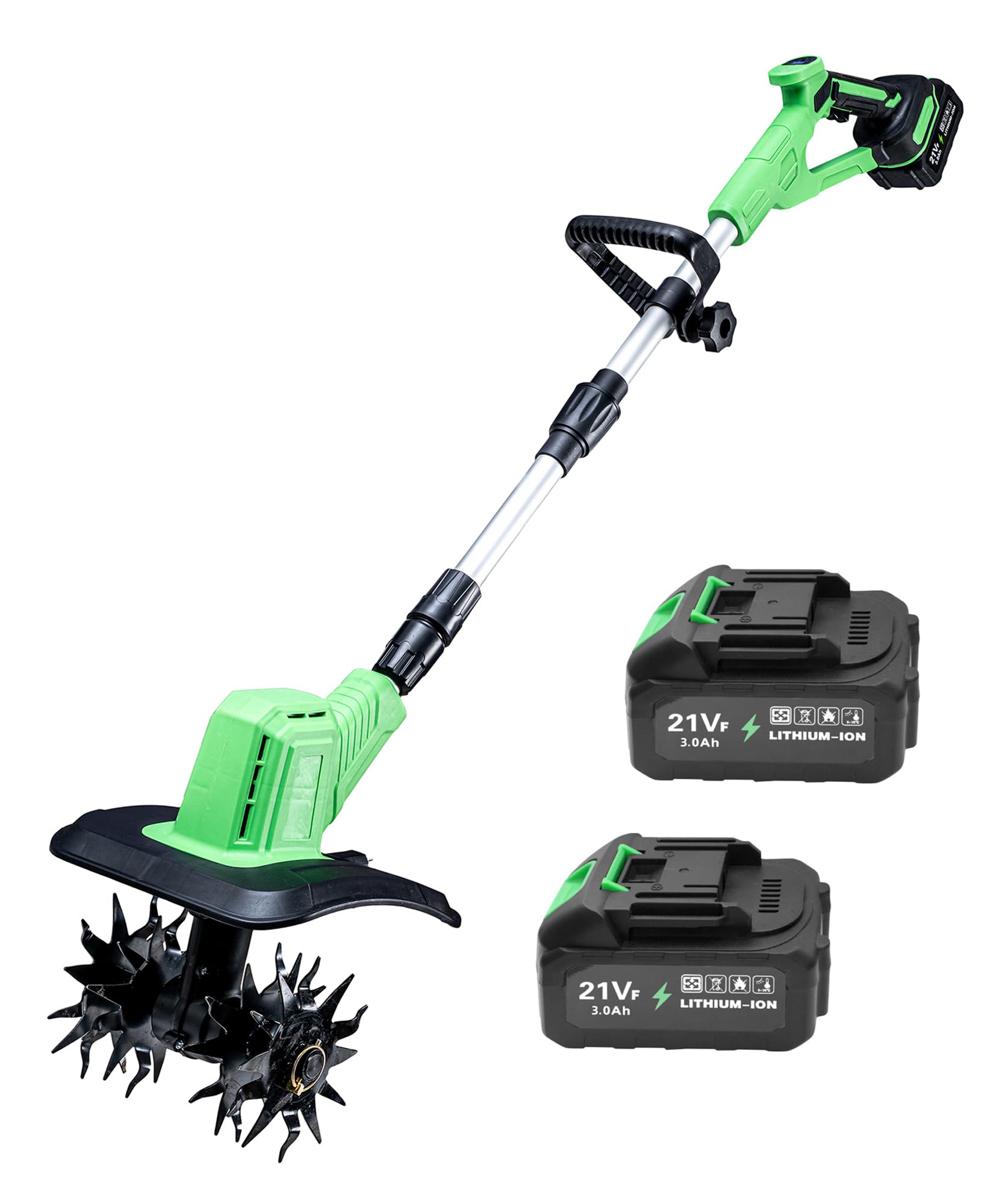 XXCFG cordless tiller cultivator showing 360 RPM power for rapid soil prep