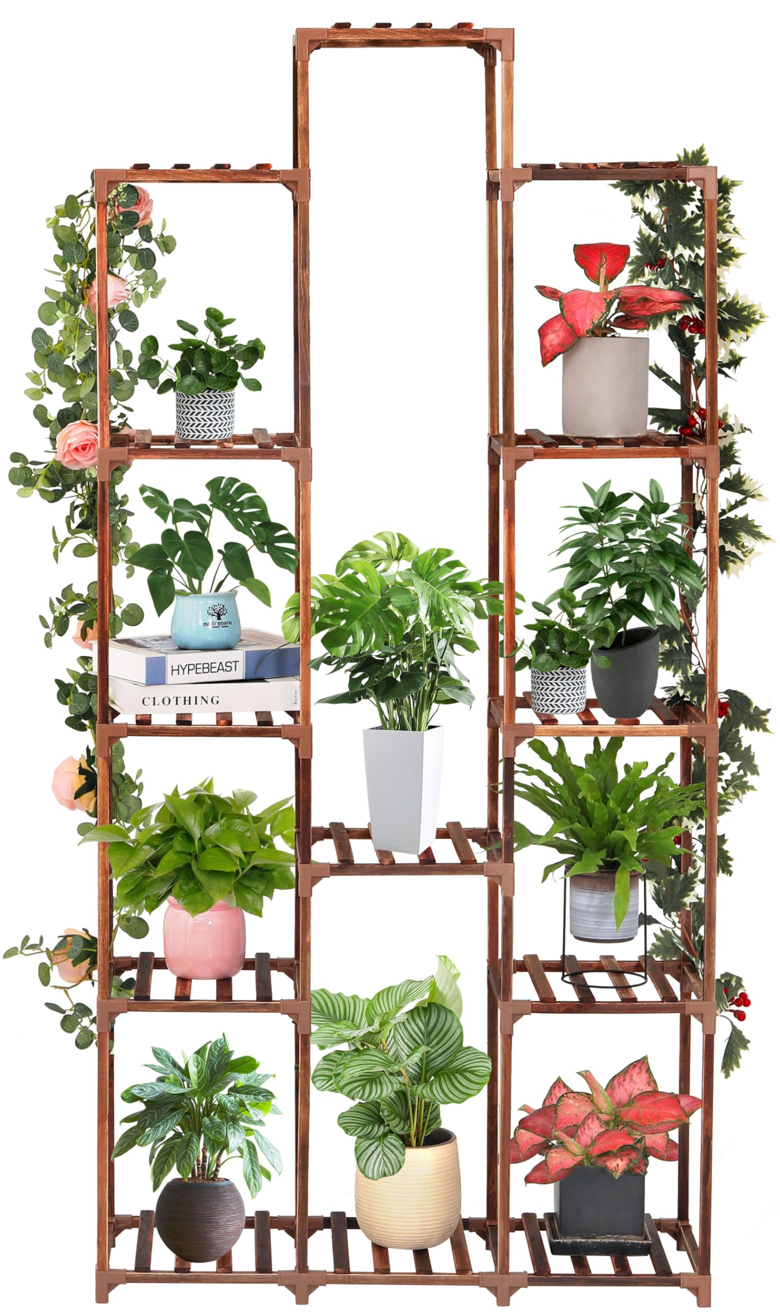 XXXFLOWER 13-tier wood plant stand with space-saving design for indoor gardening.