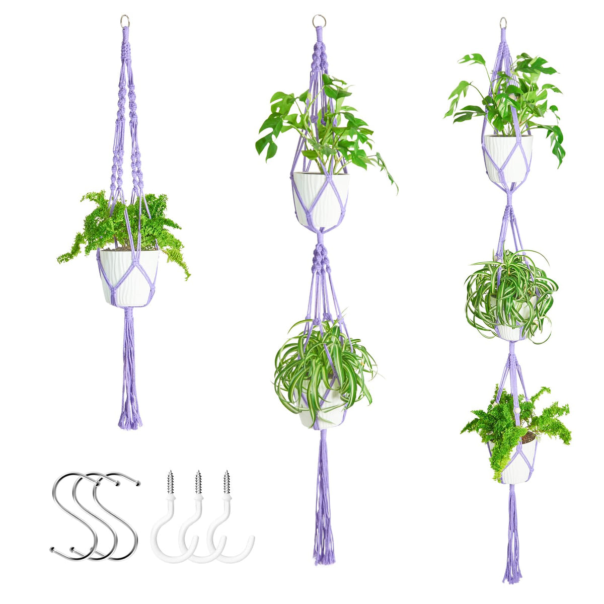 XXXFLOWER 3-pack macrame plant hangers with hooks for stylish space-saving display