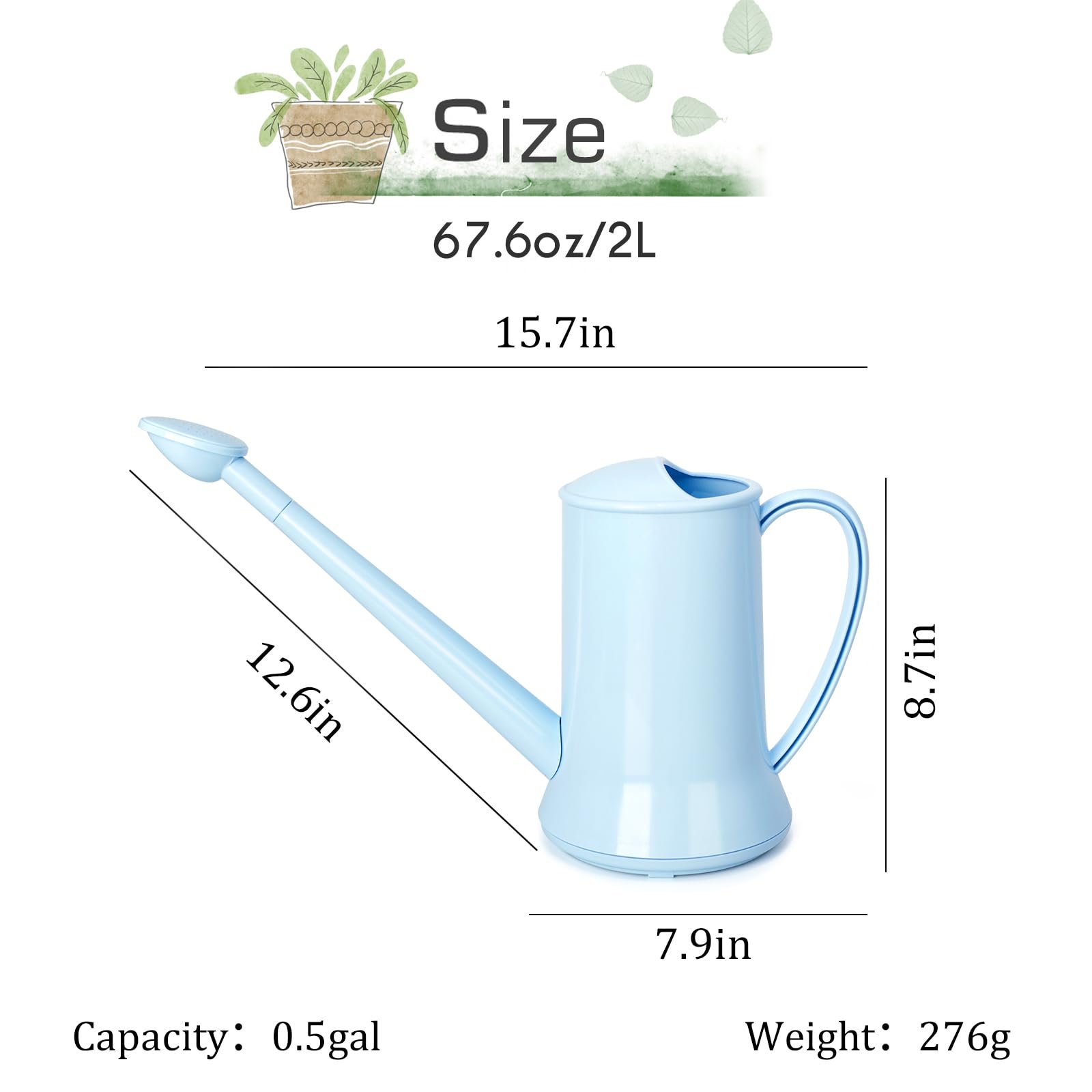 XXXFLOWER blue watering can with long spout visible from the side