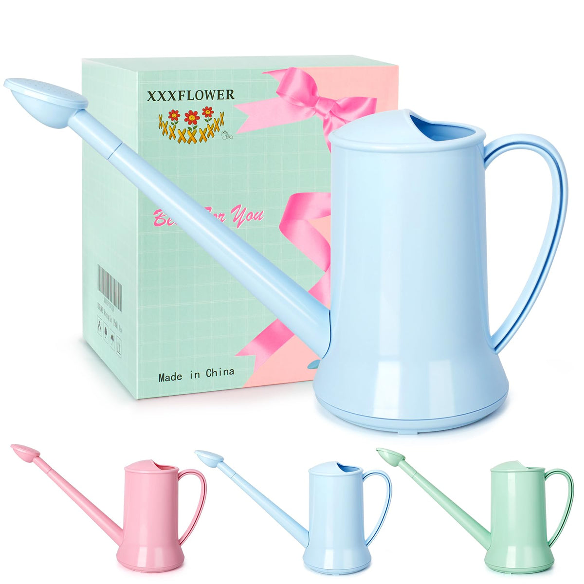 XXXFLOWER small blue watering can shown from the front for indoor plants