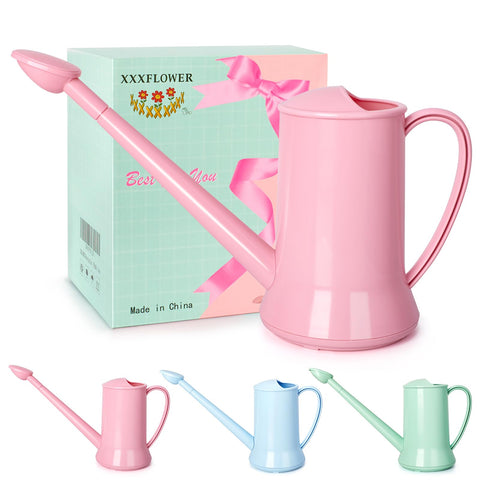 XXXFLOWER pink 0.5-gallon watering can with long spout for precise indoor watering.