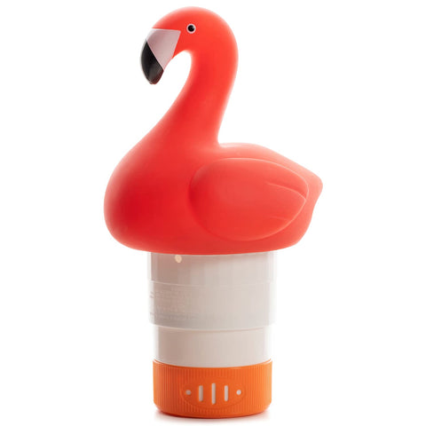 XY-WQ chlorine floater with flamingo top dispenses tablets in pools.