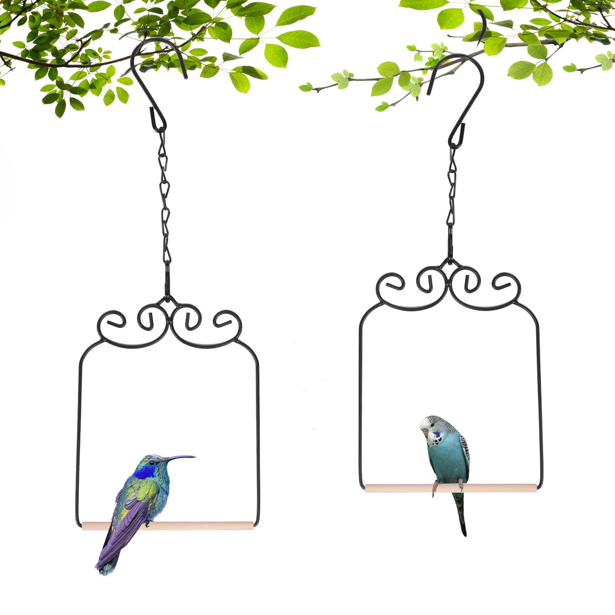 XYADX hummingbird swing with metal frame and wooden dowel attracts visiting hummingbirds.