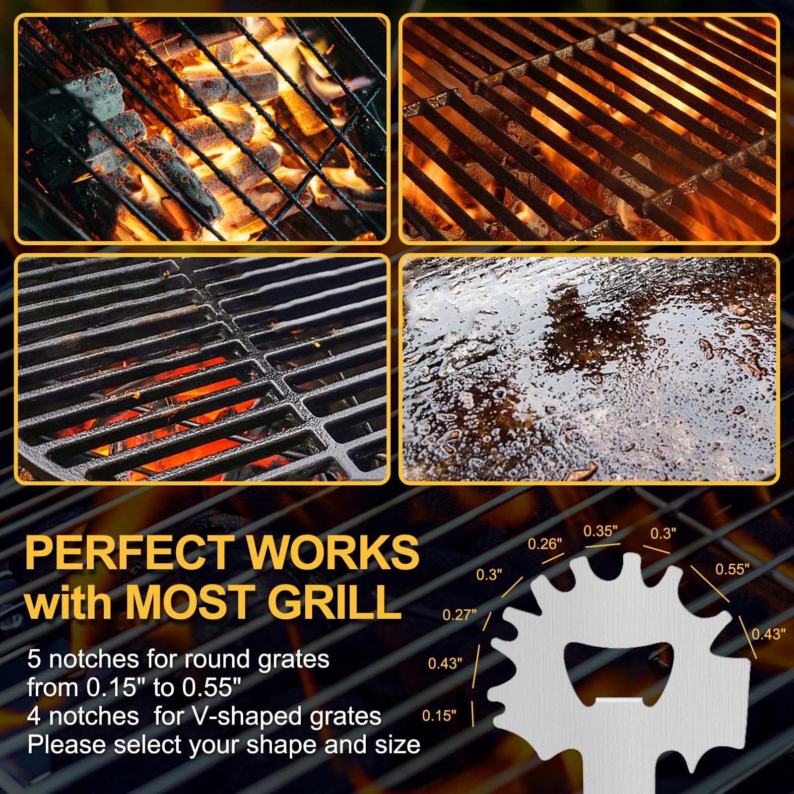 XYK 11-groove scraper fits most grill grates for thorough cleaning.