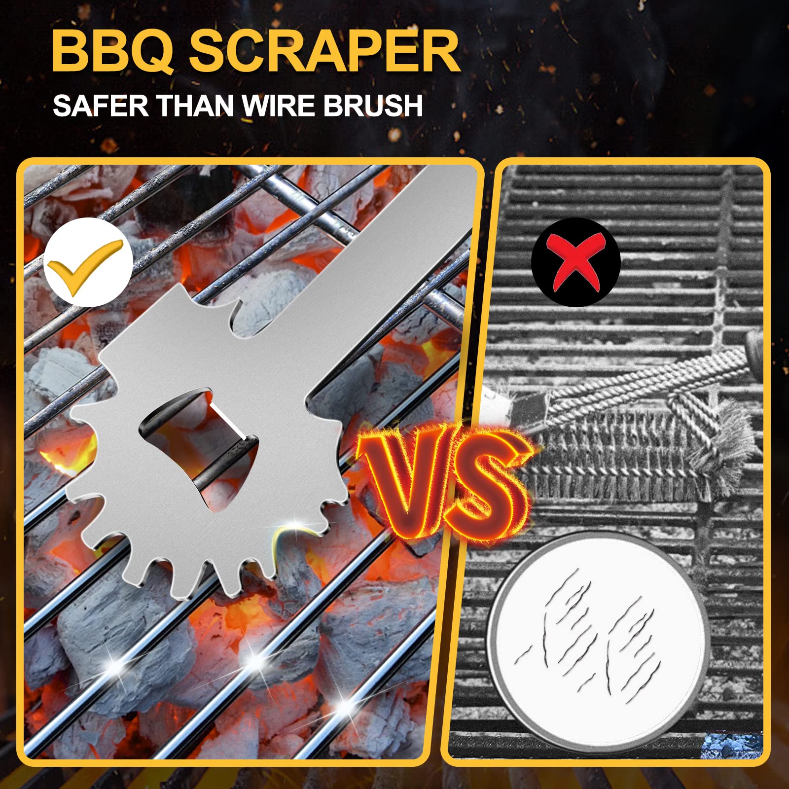 XYK grill scraper includes bottle opener for convenient outdoors use.