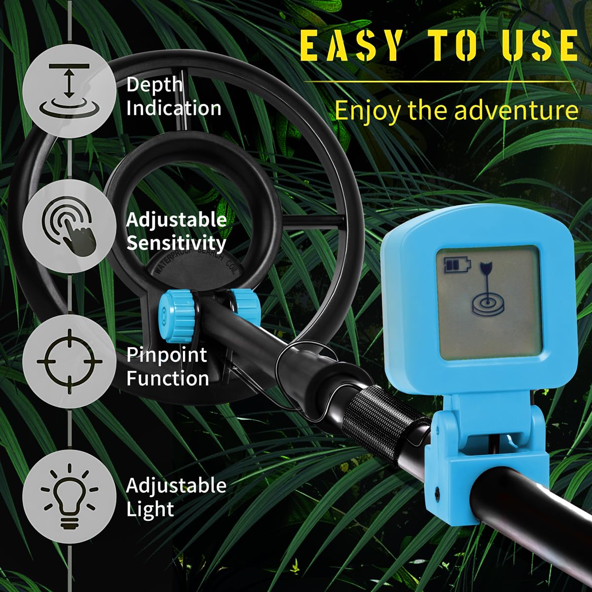 Xynzzeu kids detector package contents including shovel, bag, rake, battery, and manual.