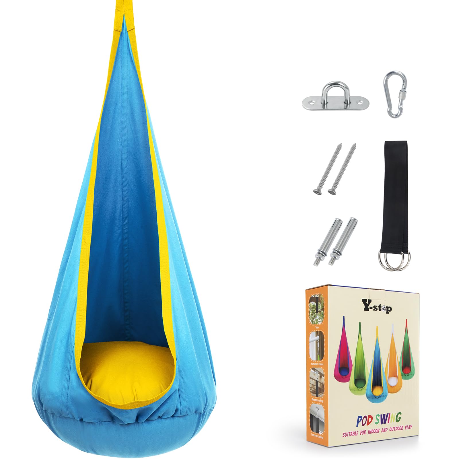 Y-STOP pod swing seat with inflatable pillow for comfy indoor relaxation
