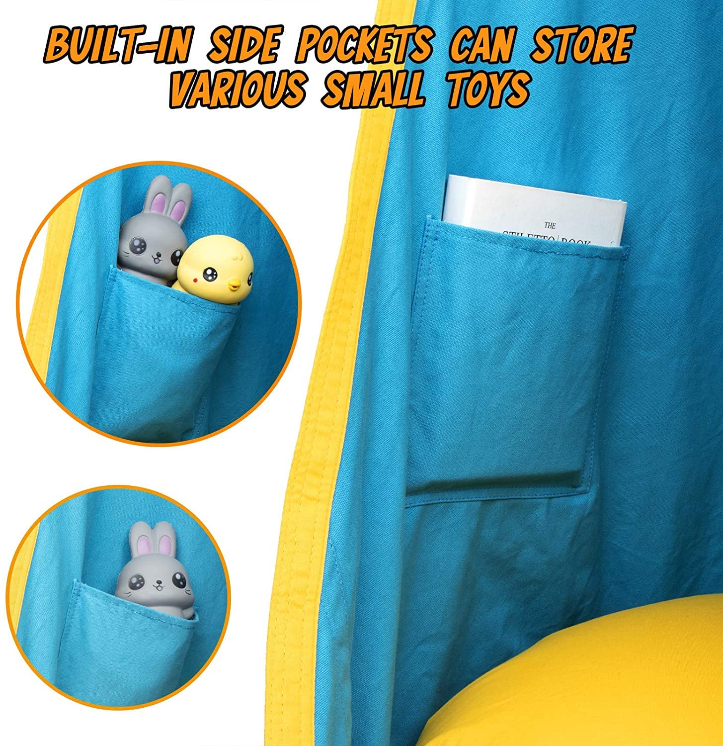 Y-STOP pod swing seat pocket storage keeps toys and phones within reach