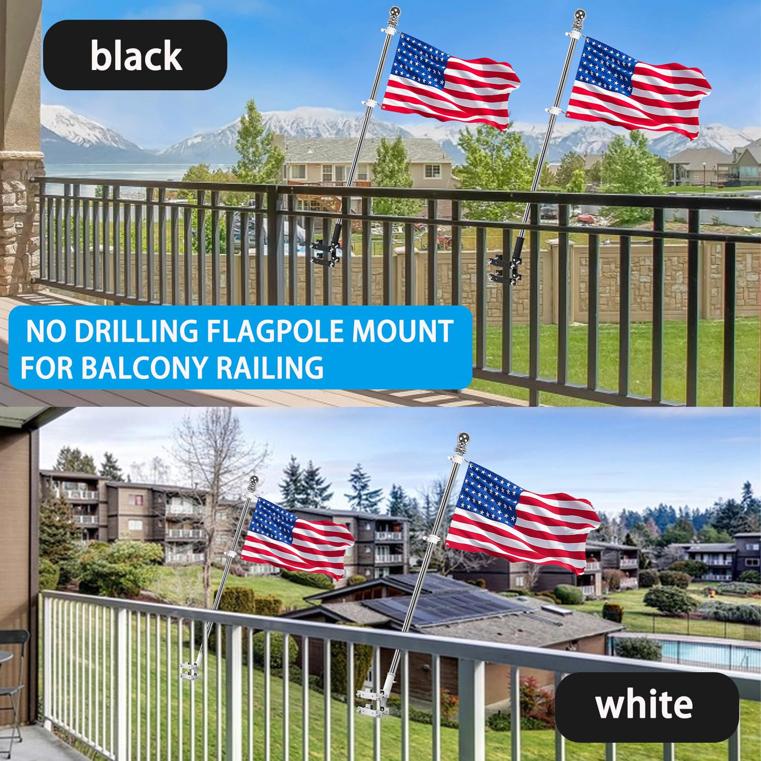 YAARHEJ flag pole mount on balcony railing for outdoor display.