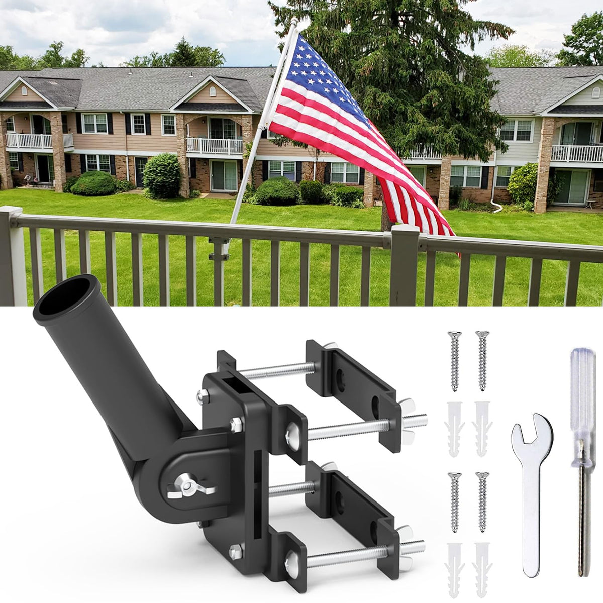 YAARHEJ no drill flag pole holder mounted on railing with anti-slip pads.