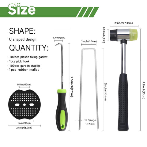 YACOO 11-gauge galvanized stake close-up tip secures weed fabric.