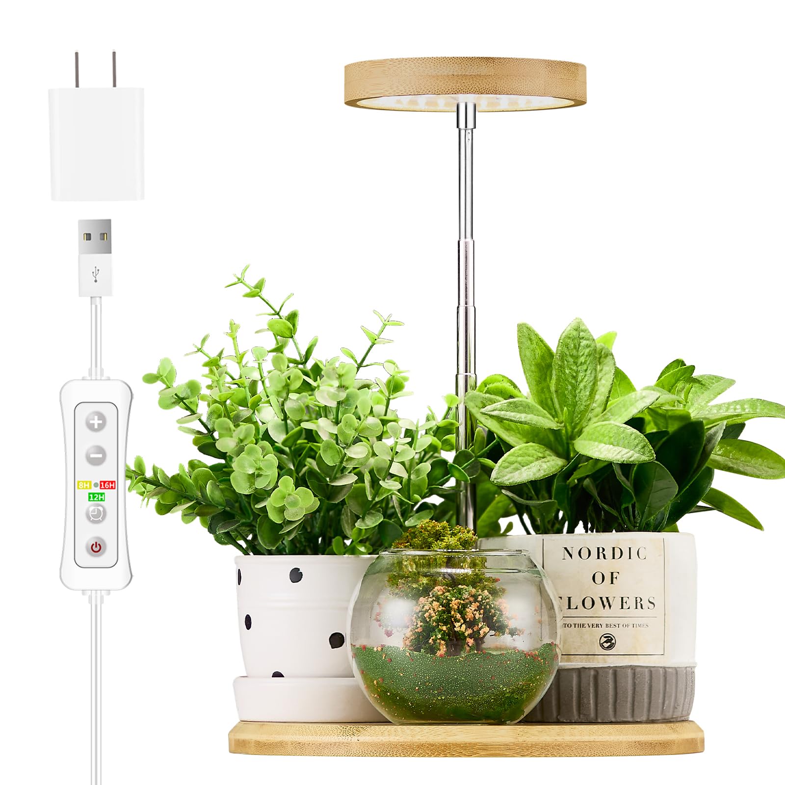 Yadoker bamboo mini LED grow light on a desk setup for compact indoor gardening.