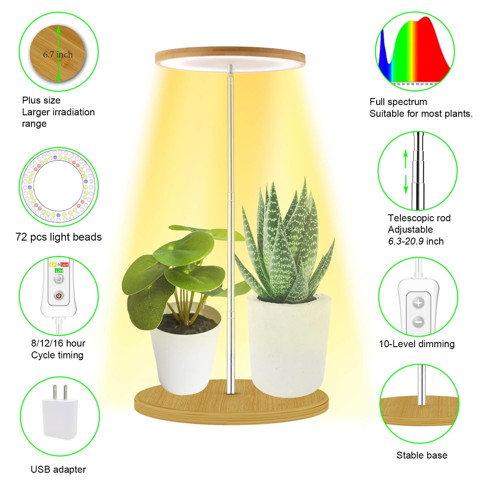 Yadoker height-adjustable pole allows precise light placement for multiple plants.