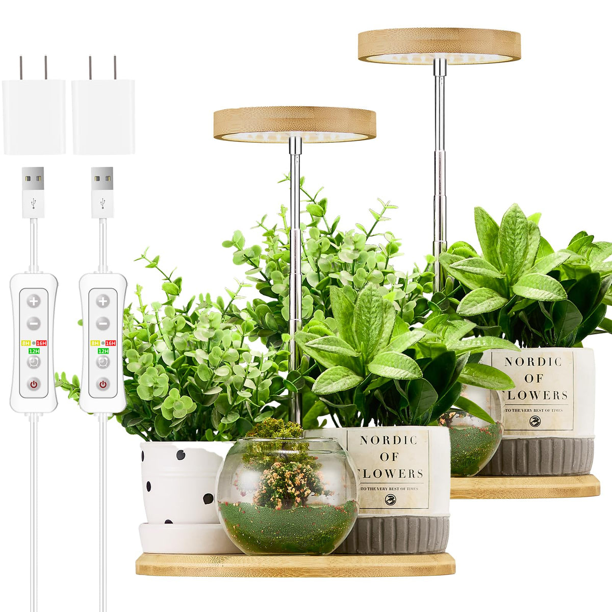 Yadoker Plant Grow Light with bamboo mini LED illuminates compact indoor gardens, supporting herb growth.