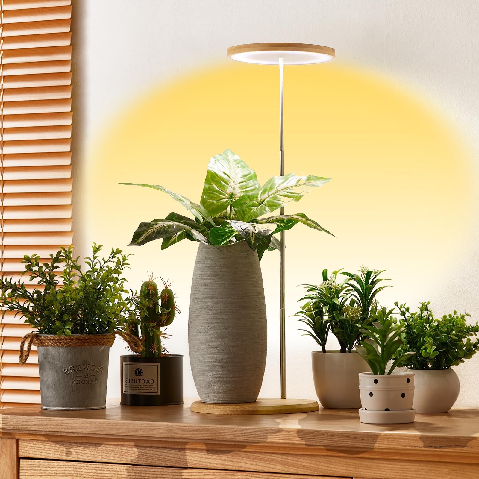 Yadoker plant grow light on a desk provides compact illumination for herbs.