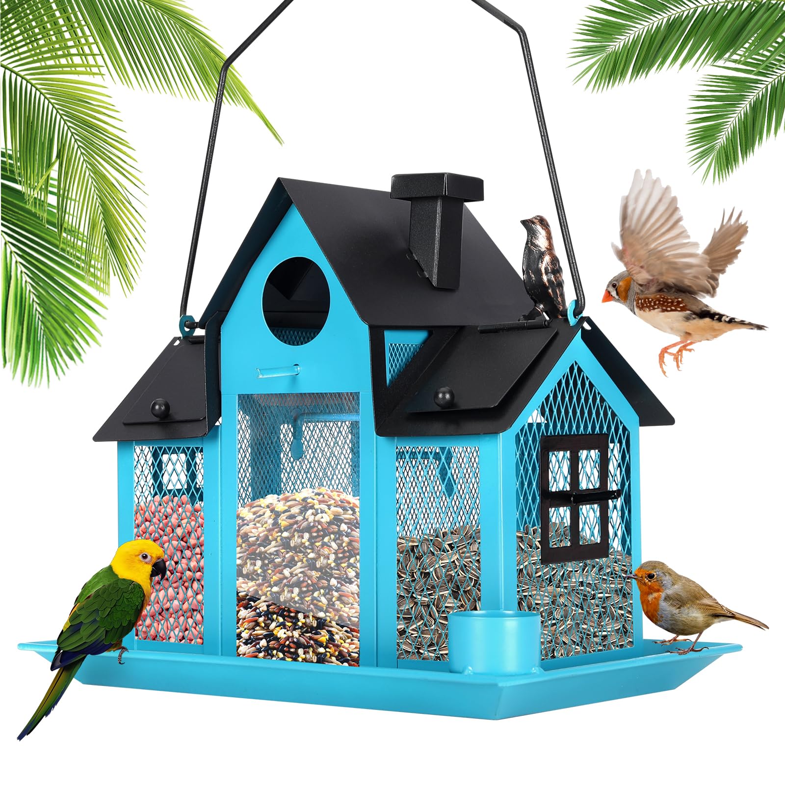 YADOOLIFE solar bird feeder outdoors blue, attracting cardinals and lighting the garden at night
