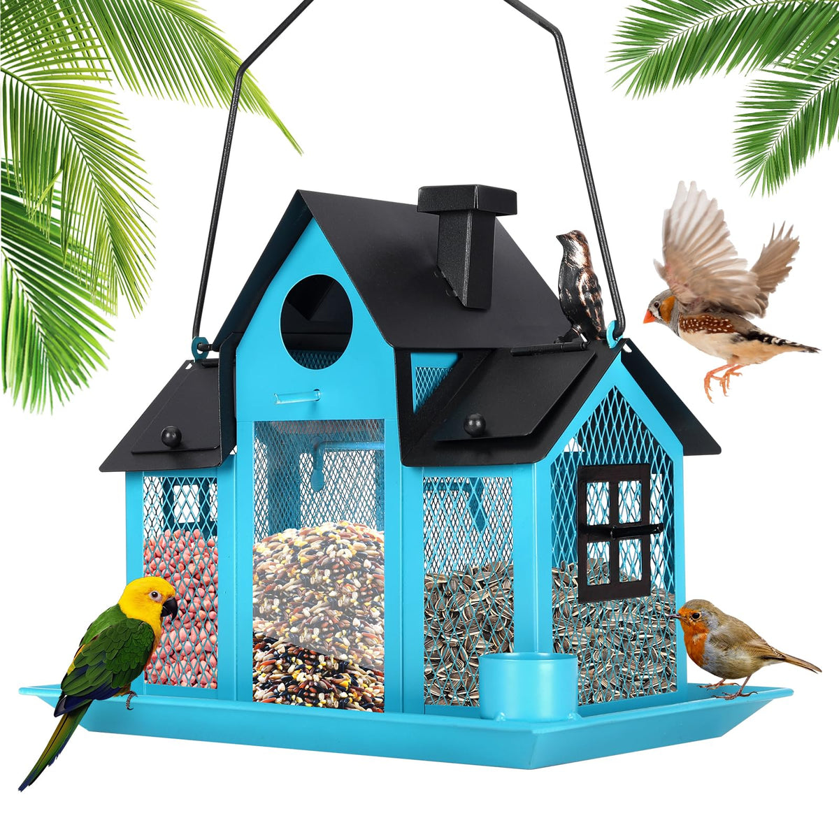 YADOOLIFE solar bird feeder outdoors blue, attracting cardinals and lighting the garden at night