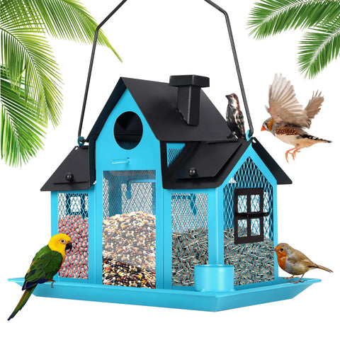 YADOOLIFE solar bird feeder outdoors blue, attracting cardinals and lighting the garden at night