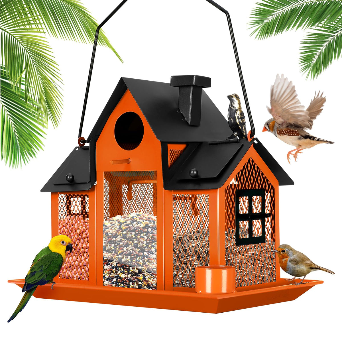 YADOOLIFE Solar Bird Feeder outdoors with orange finish attracting birds by day