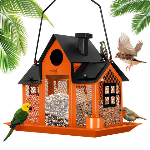 YADOOLIFE Solar Bird Feeder outdoors with orange finish attracting birds by day