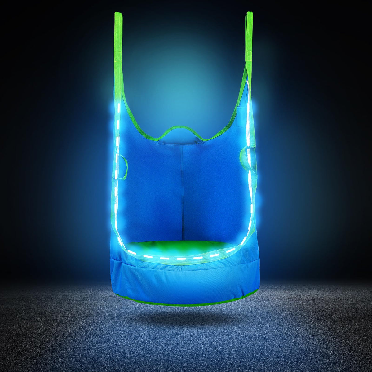 YAERSI Kids Pod Swing Chair with LED lights for indoor play and sensory exploration.