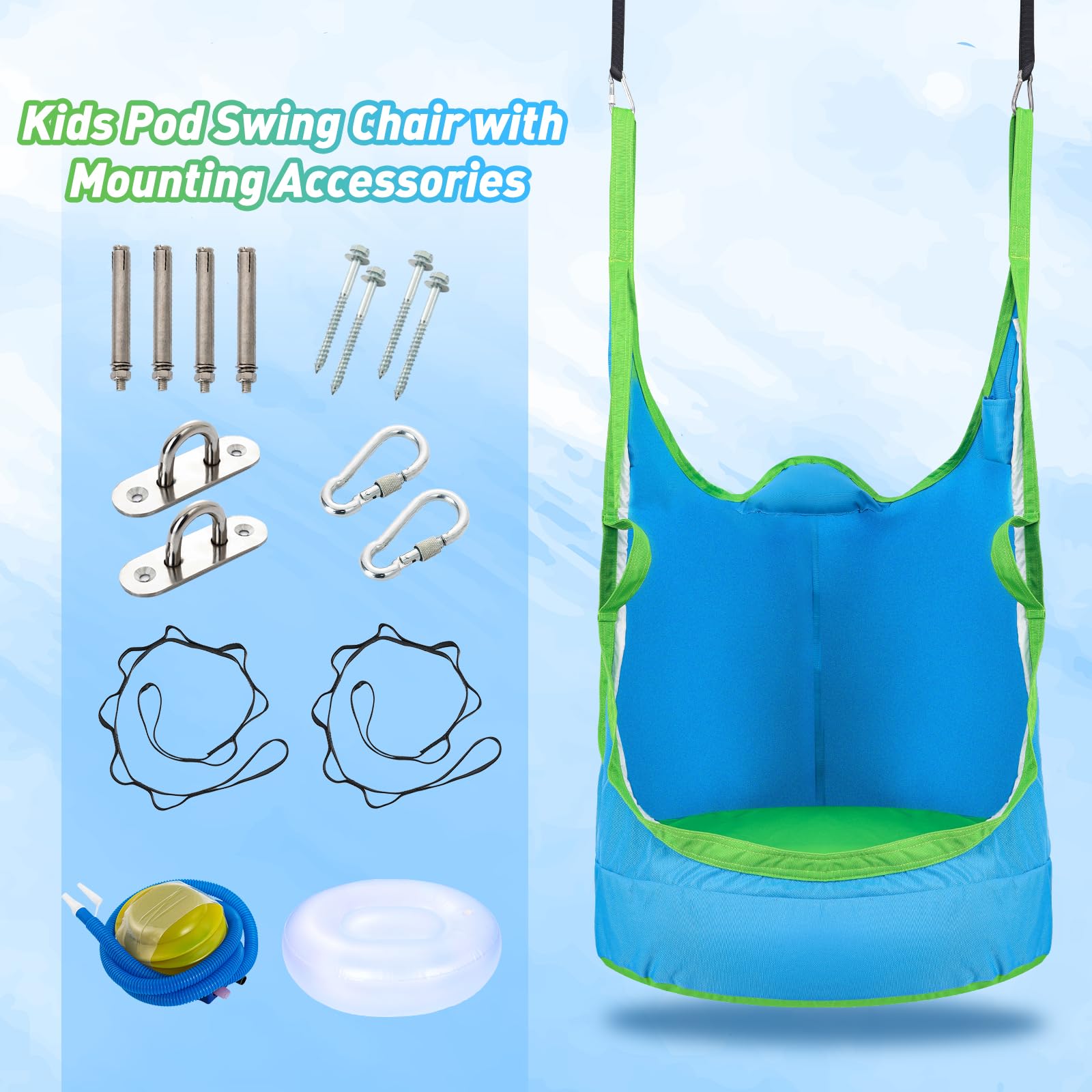 YAERSI pod swing chair LED lights offer 16 colors and multiple modes for mood-enhanced play.