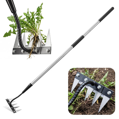 YALEENT Iron Weeding Rake with 5 teeth for efficient weed removal in beds