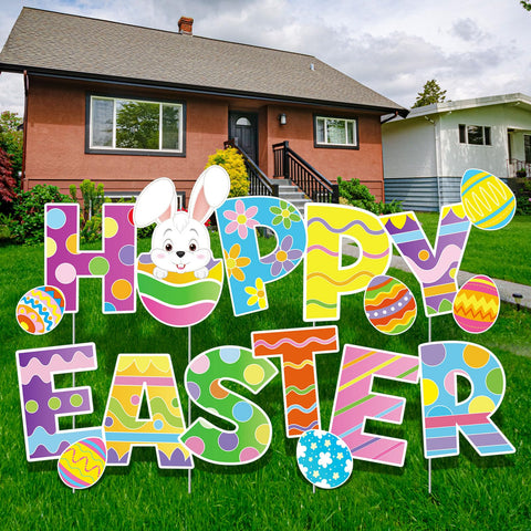 Yalikop happy Easter sign bunny egg stake for yard display and seasonal cheer