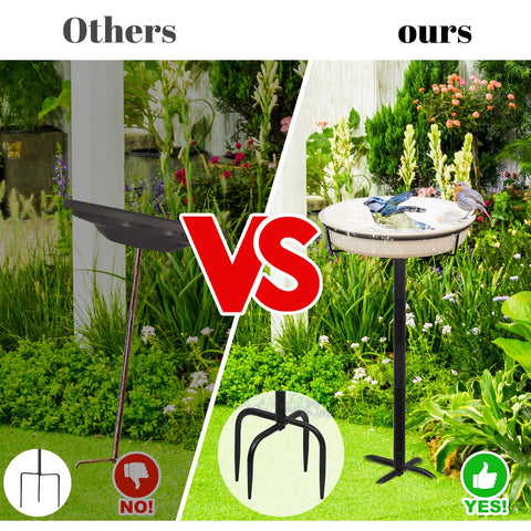 YALINKA four-prong stand keeps the birdbath stable in garden soil.