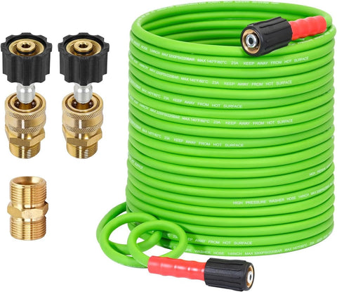 YAMATIC 100ft hose coiled for easy maneuvering around vehicles.