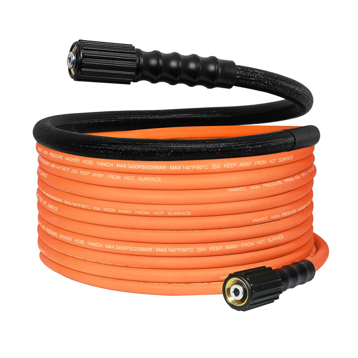 YAMATIC 25ft hose delivers up to 3400 PSI for versatile home cleaning.
