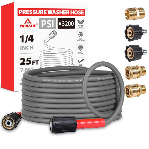 YAMATIC 25ft pressure washer hose with flat layout improves maneuverability around vehicles.
