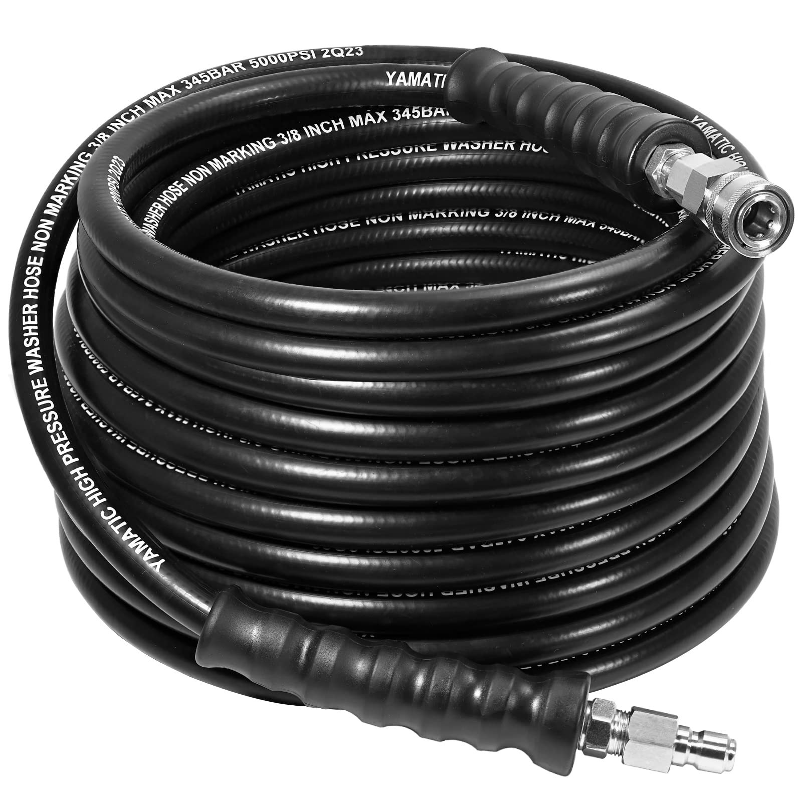 YAMATIC 3/8-inch hose with 50ft reach, durable steel braid for heavy-duty cleaning.