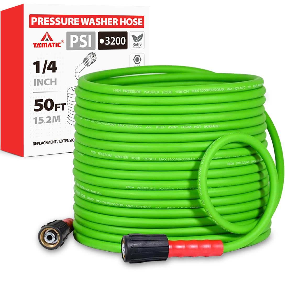 YAMATIC 50ft hose shows high-pressure capability for deep cleaning tasks.