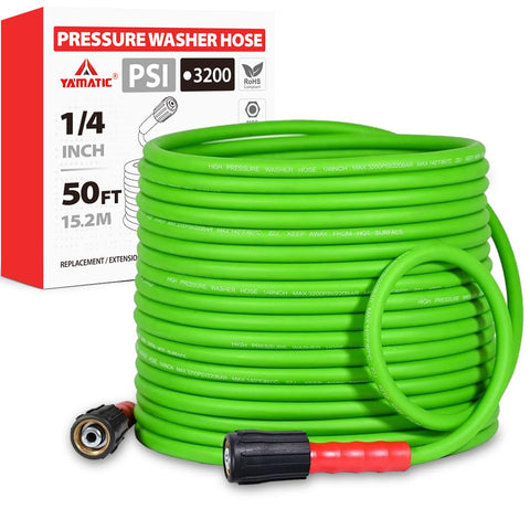 YAMATIC 50ft hose shows high-pressure capability for deep cleaning tasks.