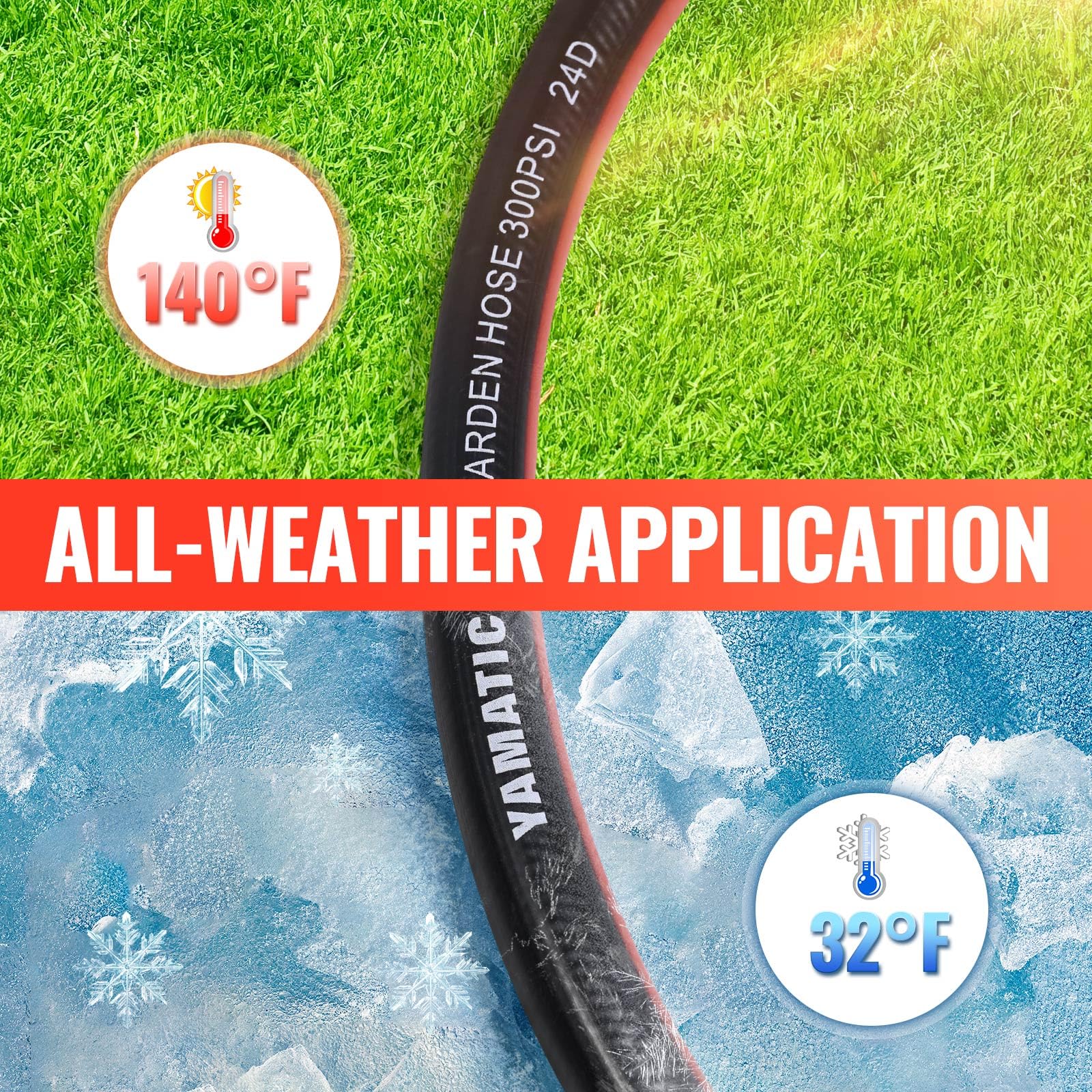 YAMATIC all-weather hose stays flexible in sun and cold.