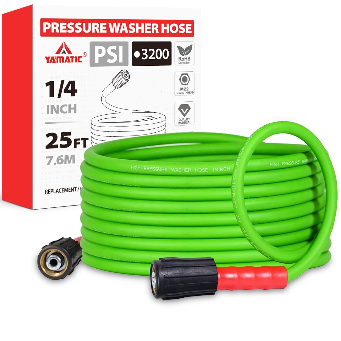 YAMATIC flexible pressure washer hose 25ft showing kink resistance for easy home cleaning.